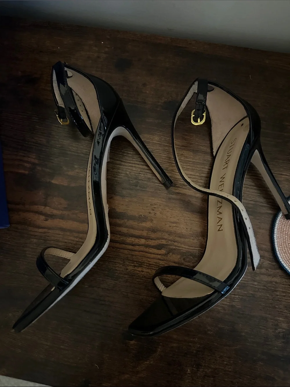 Stuart Weitzman Black Patent Square-Toe Ankle-Strap Heels